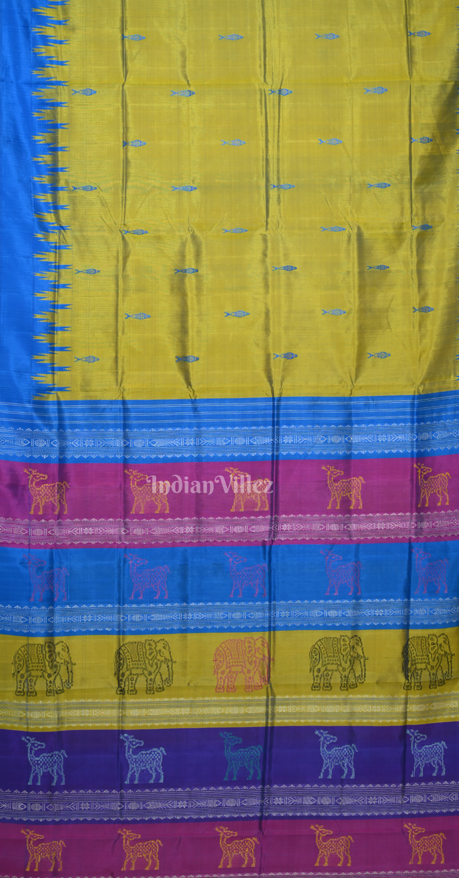 Olive Green Blue Fish Motif Double Pallu Berhampuri Silk Saree