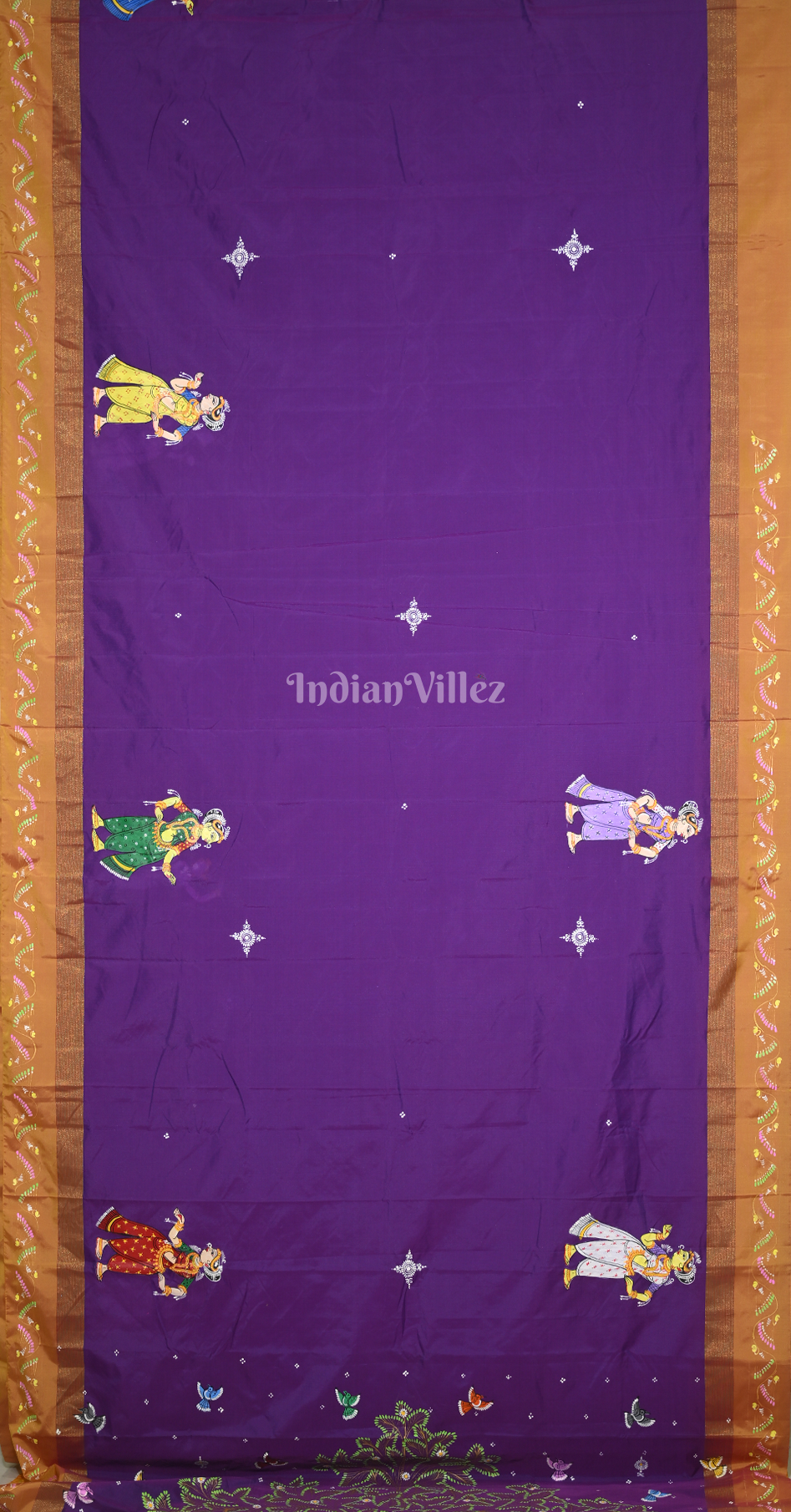 Purple Mustrad Yellow Raja Doli Theme Hand-Painted Pattachitra Saree
