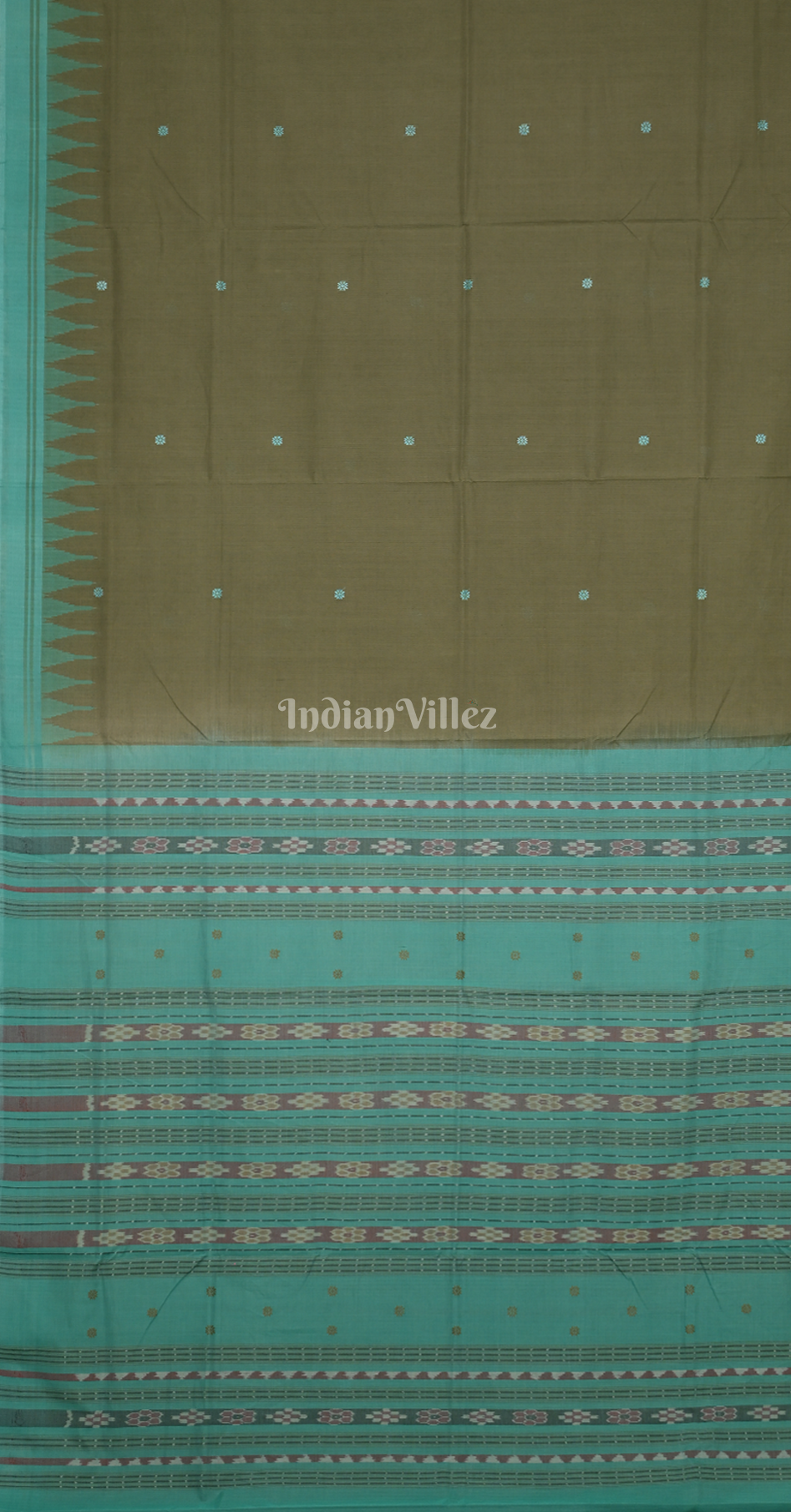 Moss Green Teal Blue Mini Buti Design Odisha Ikat Bomkai Cotton Saree
