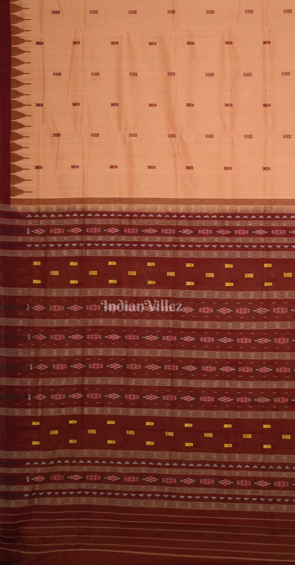 Beige Maroon Fish Motif Odisha Ikat Bomkai Cotton Saree
