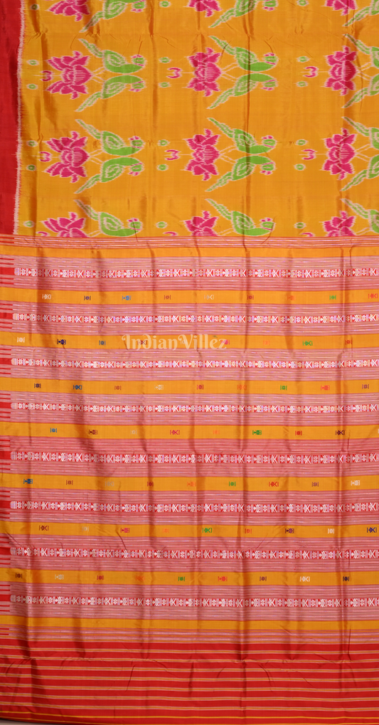 Mustard Yellow Lotus Parrot Theme Contemporary Designer Silk Saree with Siminoi Anchal
