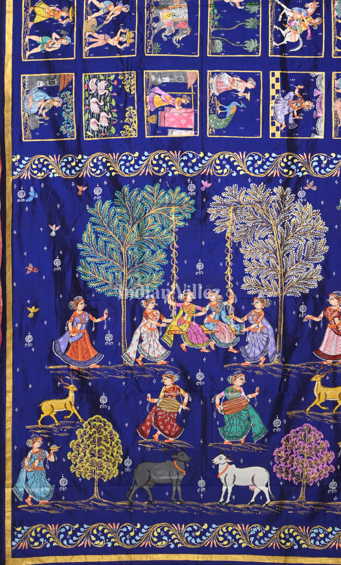 Blue Pink Krishna Raas Village Theme Hand- Painted Pattachitra Saree