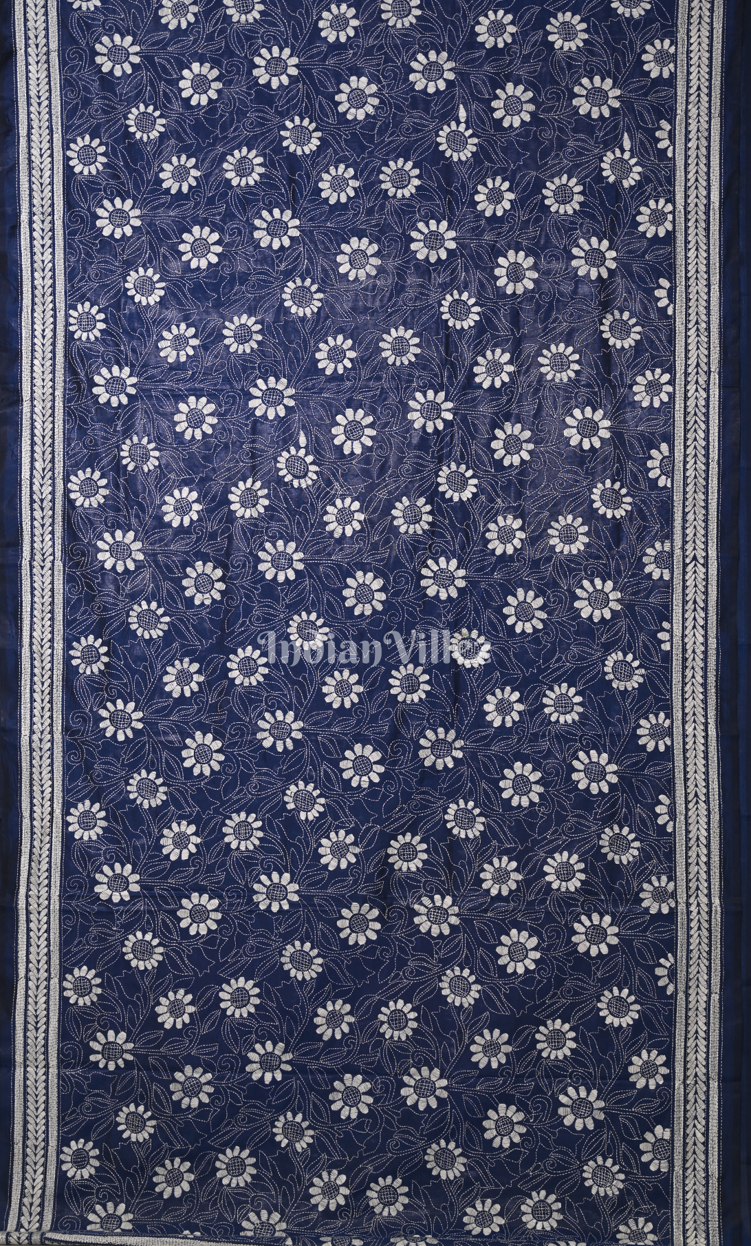 Navy Blue Handwoven Kantha Stitch Silk Saree