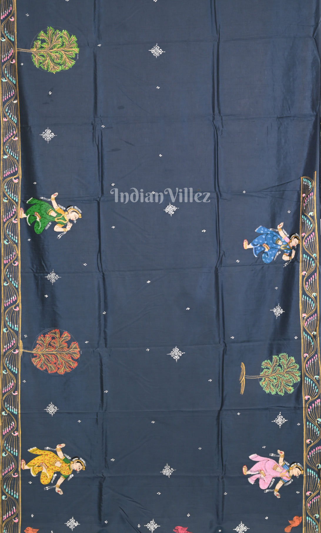 Grey Raja Doli Theme Hand-Painted Pattachitra Saree