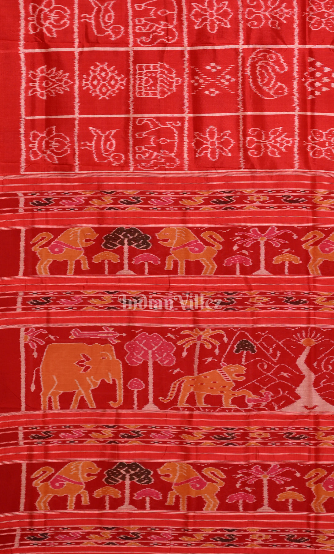 Red Nabakothi Odisha Ikat Contemporary Designer Silk Saree with Jungle Anchal