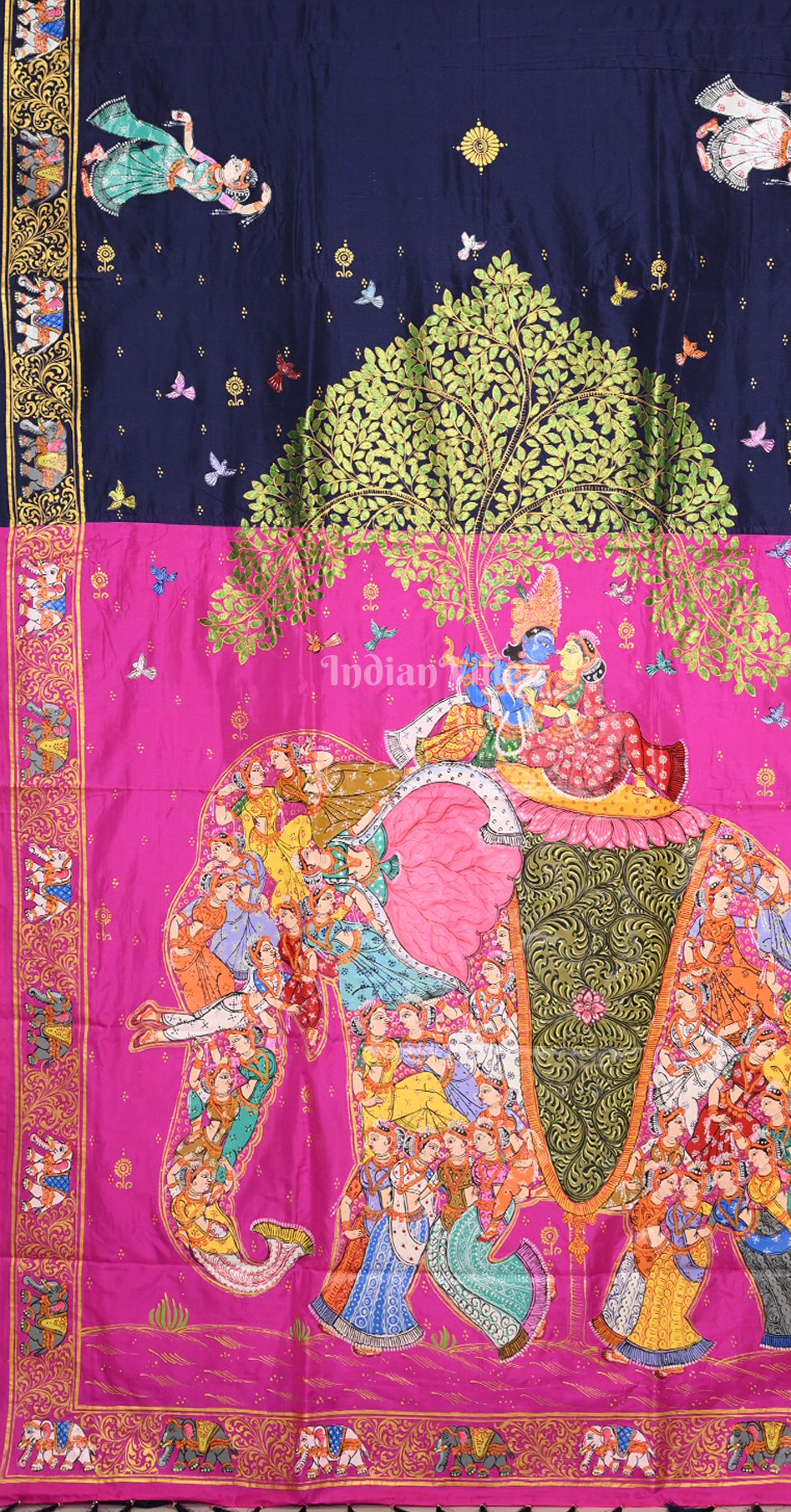 Blue Pink Kandarpa Hasti (Elephant) Hand-Painted Pattachitra Saree 