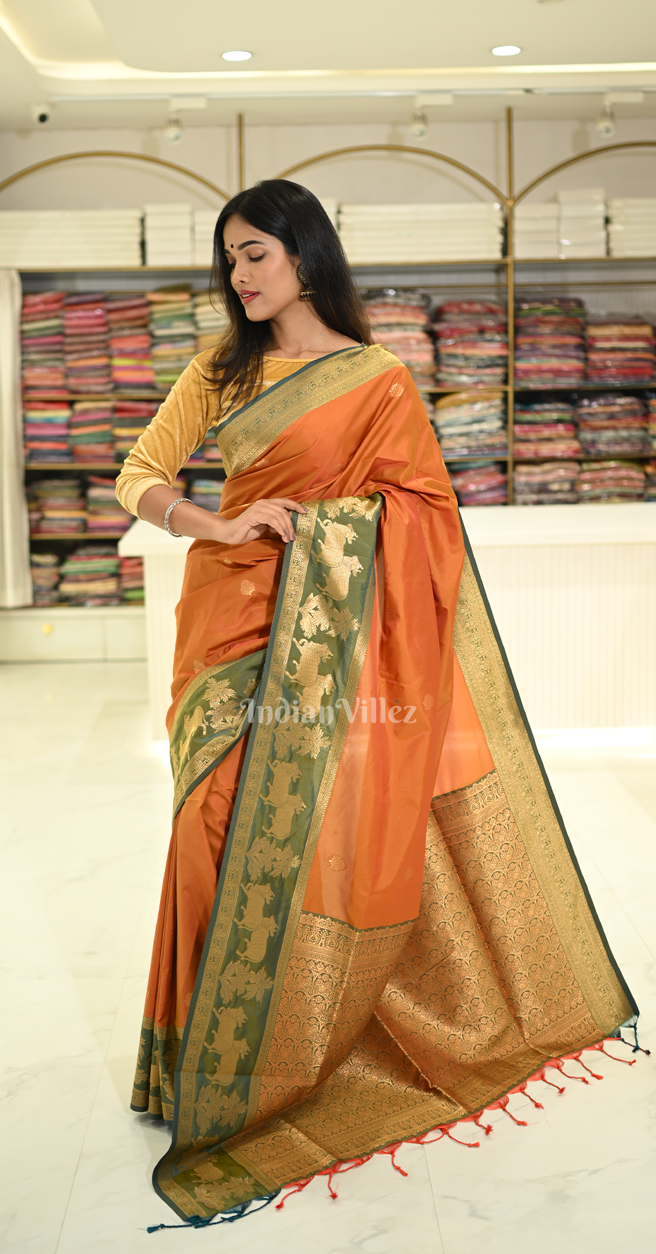 Orange Green Pichwai Satin Silk Banarasi Saree
