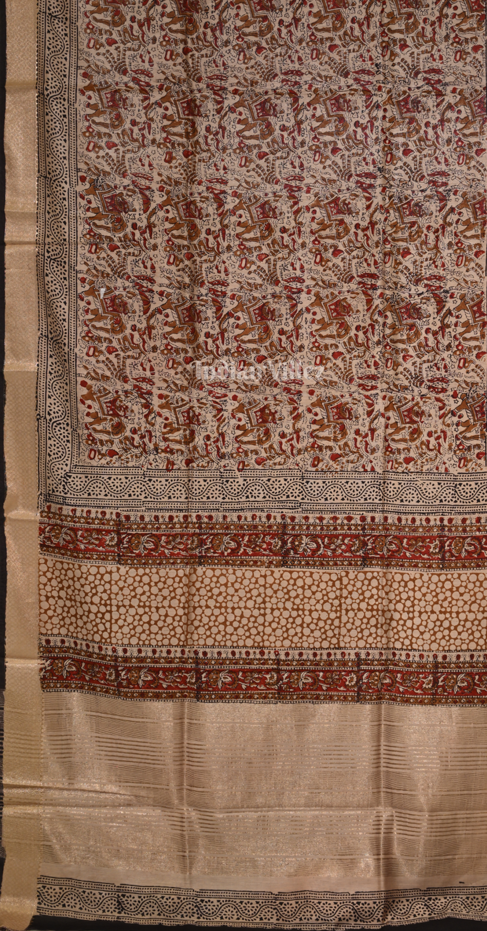 Dark Beige with Maroon Block Printed Bagru Cotton Saree 