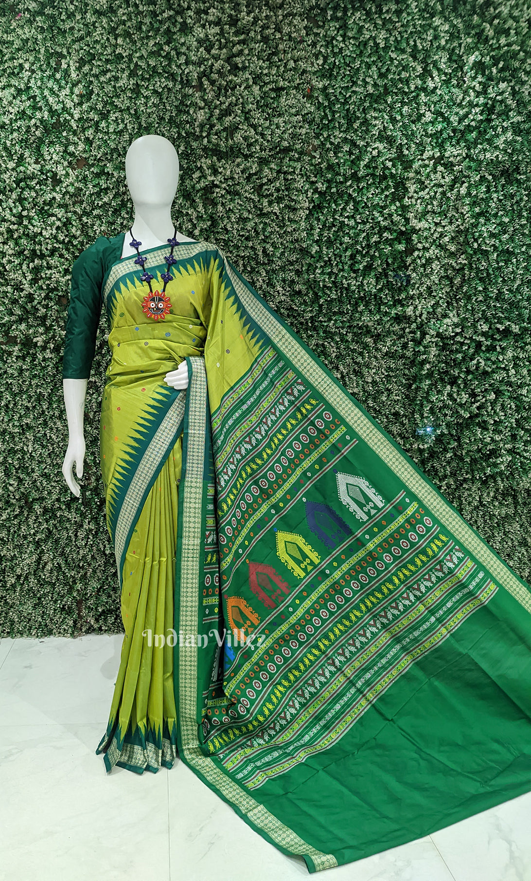 Lime Green Dolabedi Odisha Ikat Bomkai Sambalpuri Ikat Silk Saree