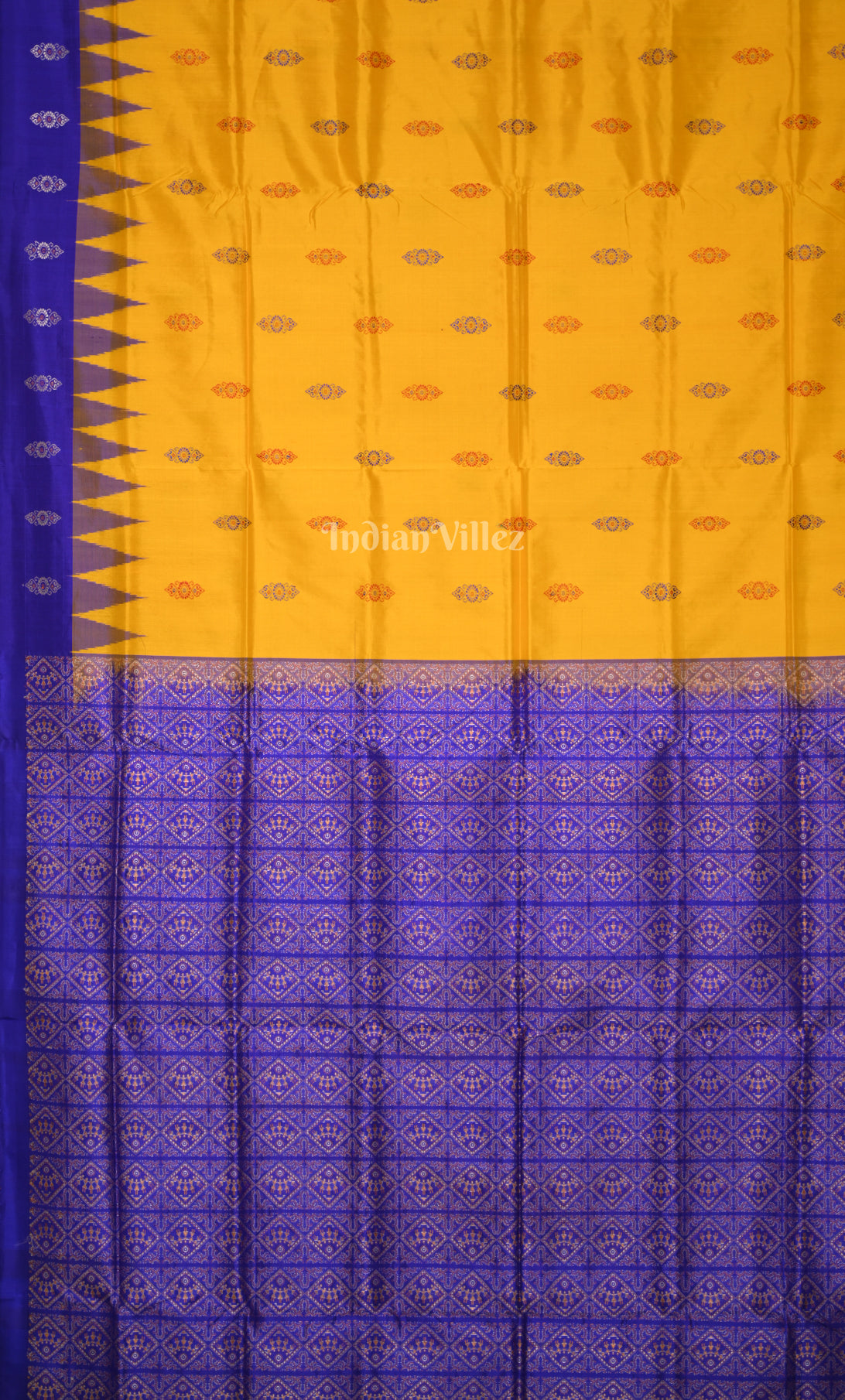 Mustard Yellow Blue Odisha Ikat Bomkai Sambalpuri Silk Saree 