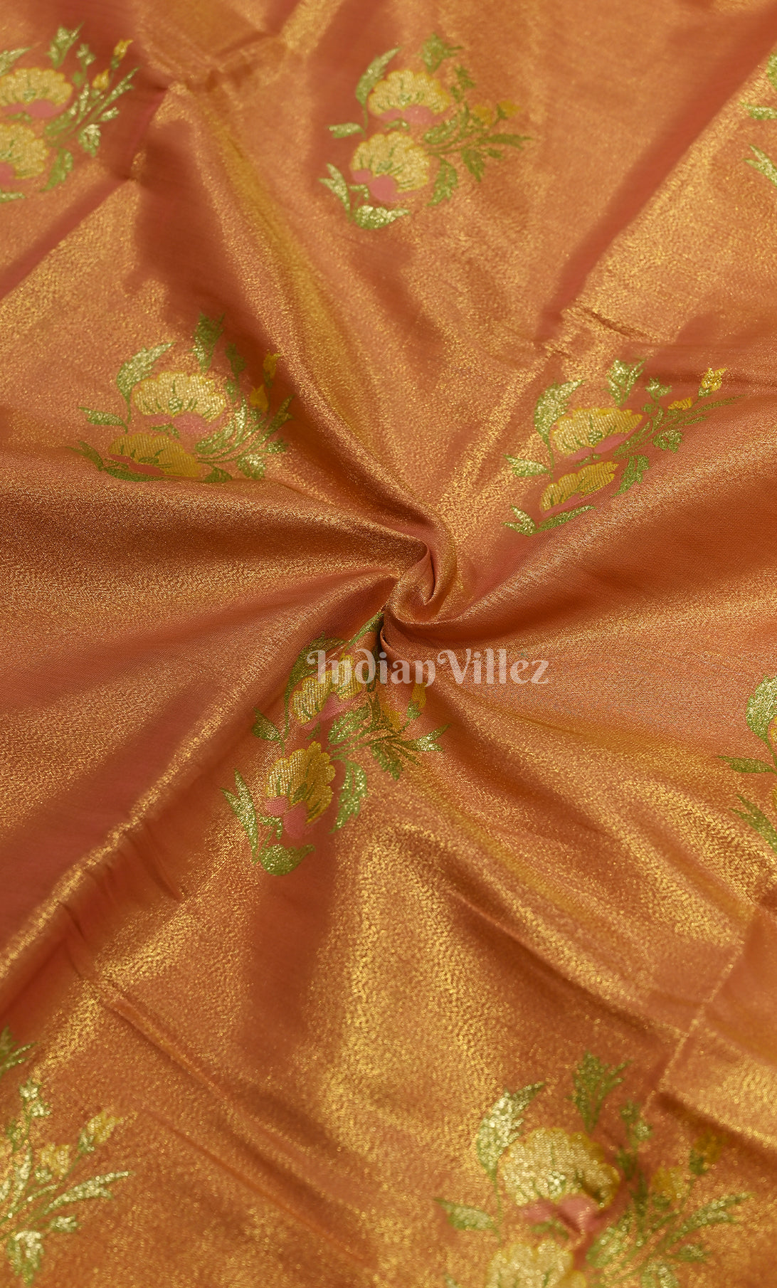 Peach Olive Green Pure Brocade Kanjivaram Silk Saree 