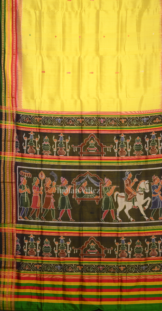 Lemon Yellow Black Kathiphera Odisha Ikat Khandua Silk Saree