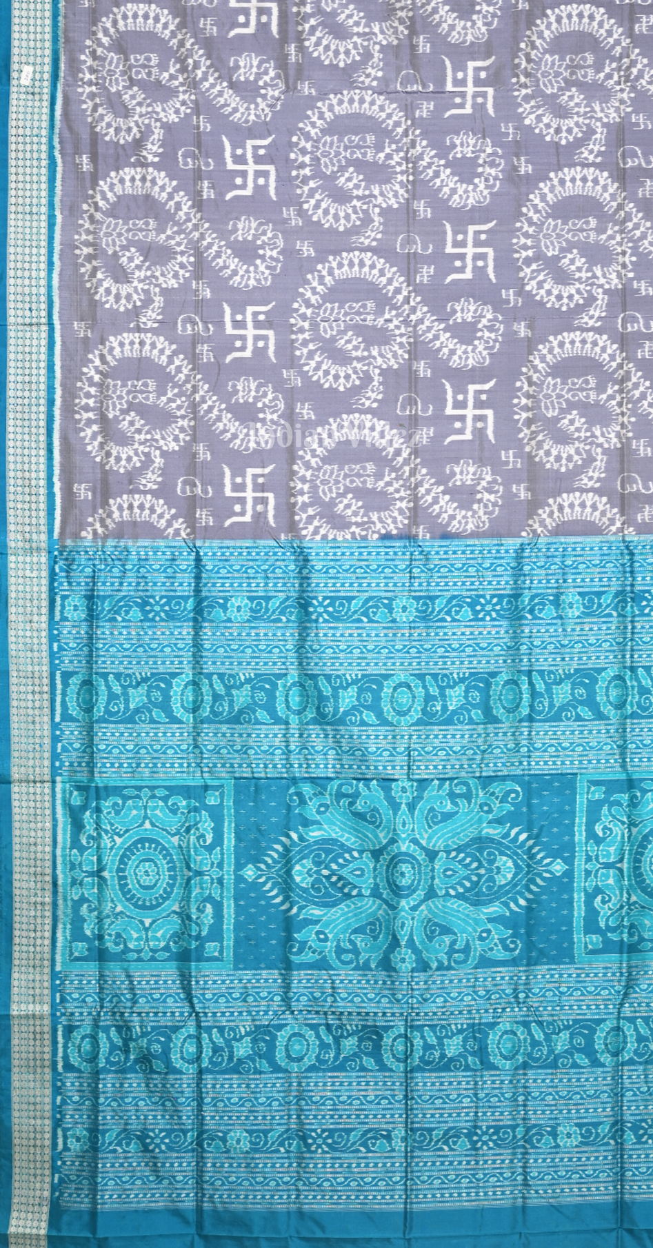 Grey Peacock Blue Swastik Motif Odisha Ikat Sambalpuri Silk Saree 