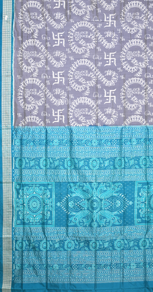 Grey Peacock Blue Swastik Motif Odisha Ikat Sambalpuri Silk Saree 