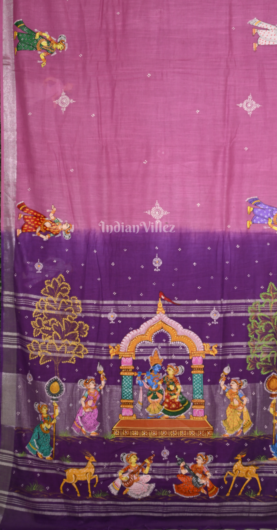 Pink Purple Krishna Rasa Leela Hand-Painted Pattachitra Saree