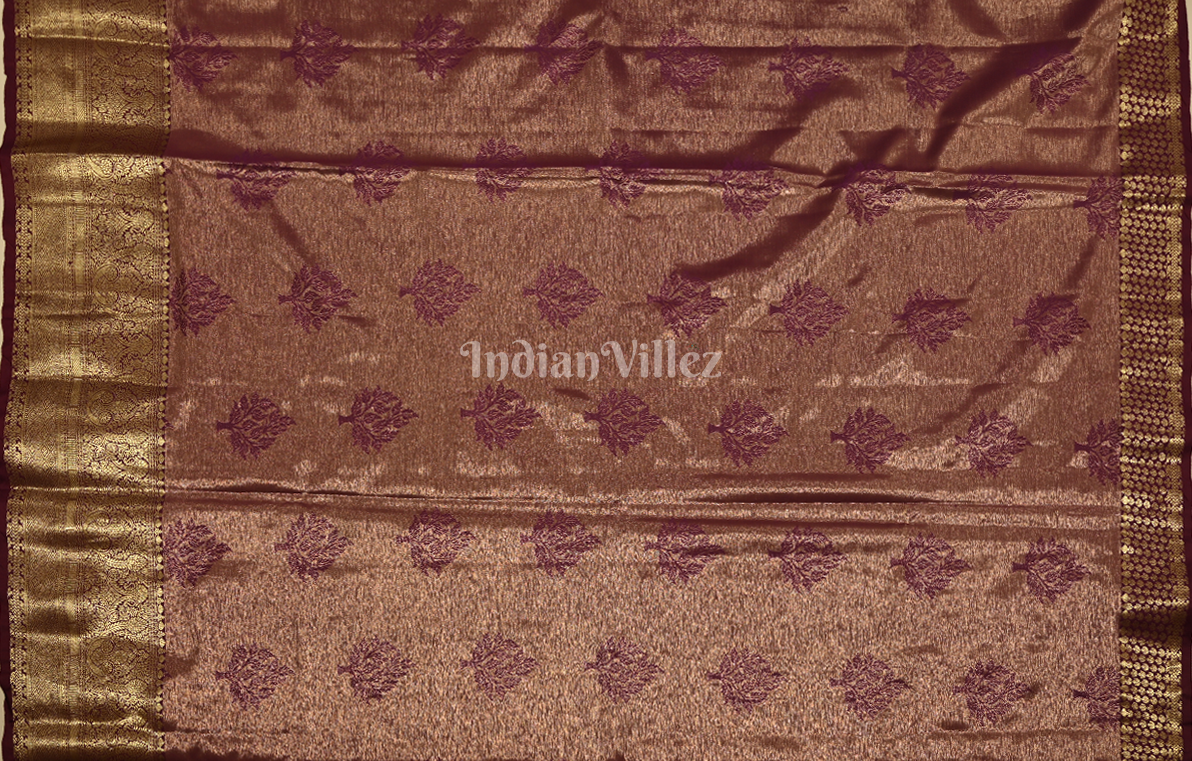 Metallic Orange Maroon Floral Pure Kanjivaram Tissue Silk Saree