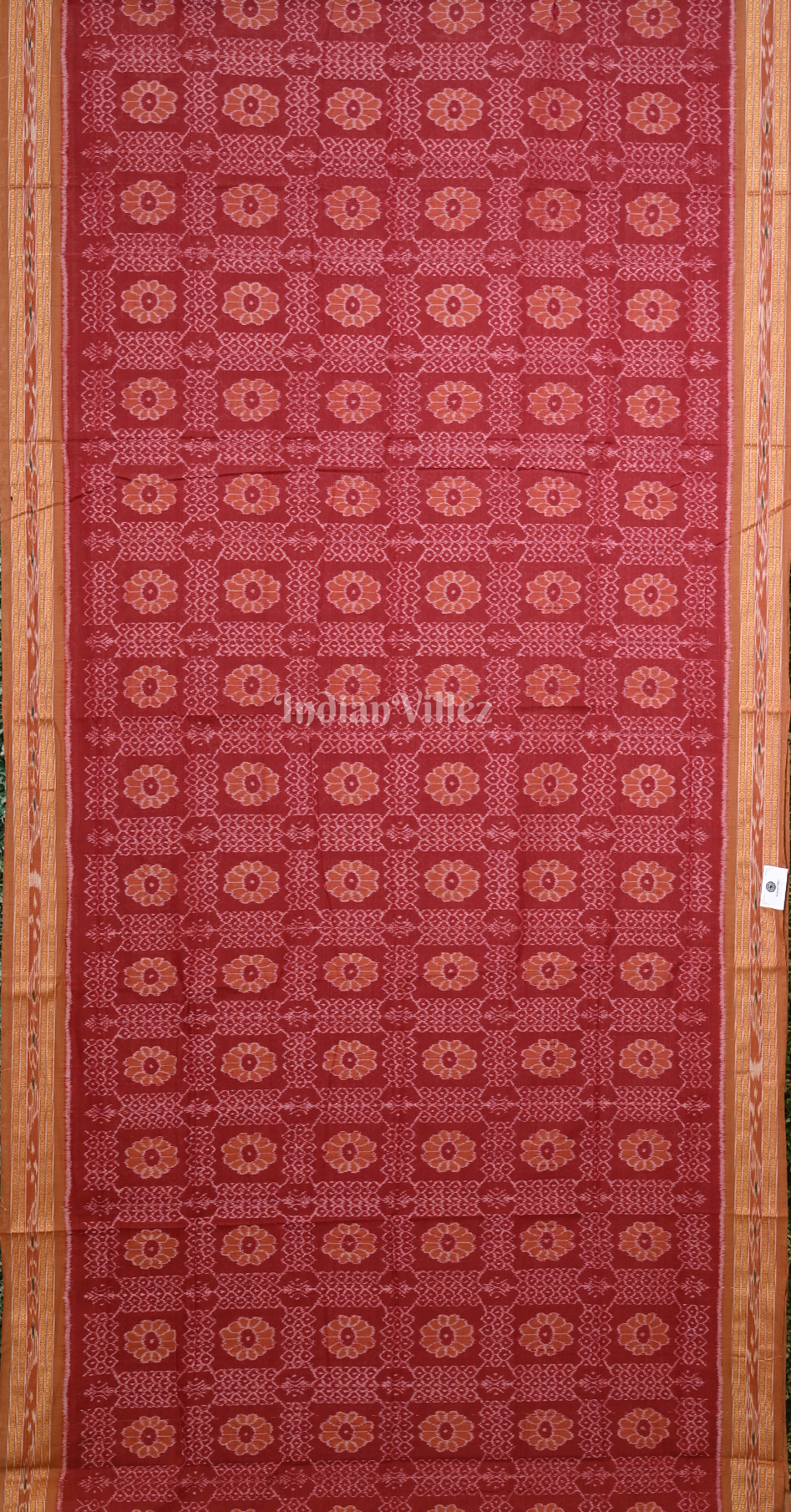 Red Rust Orange Flower Motif Odisha Ikat Sambalpuri Cotton Saree