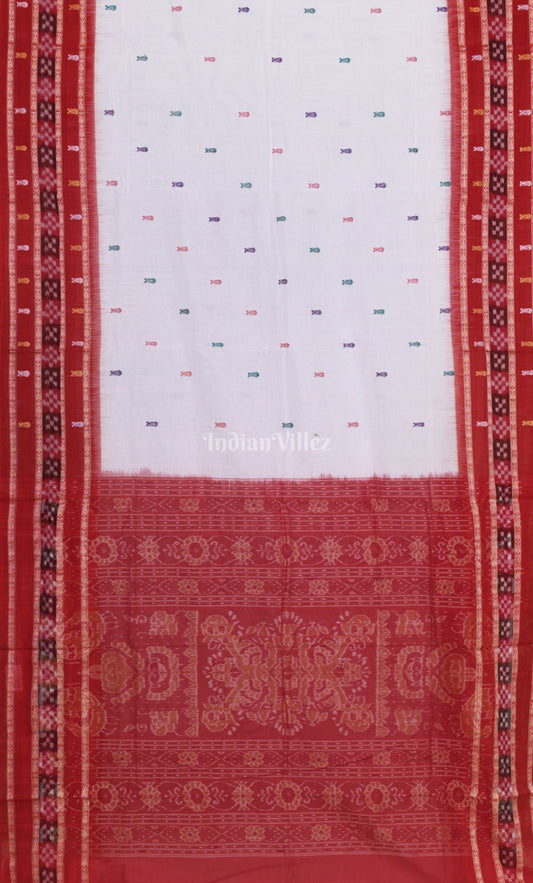 White Red  Fish Motif Odisha Ikat Sambalpuri Cotton Saree 