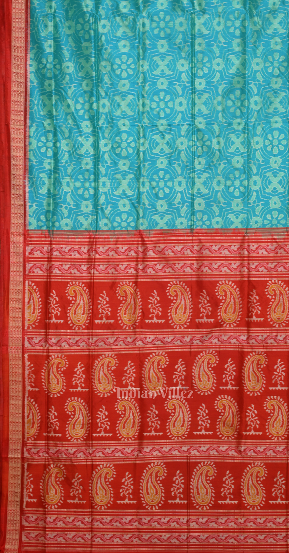 Sea Green Red Jhoti Design Odisha Ikat Sambalpuri Silk Saree