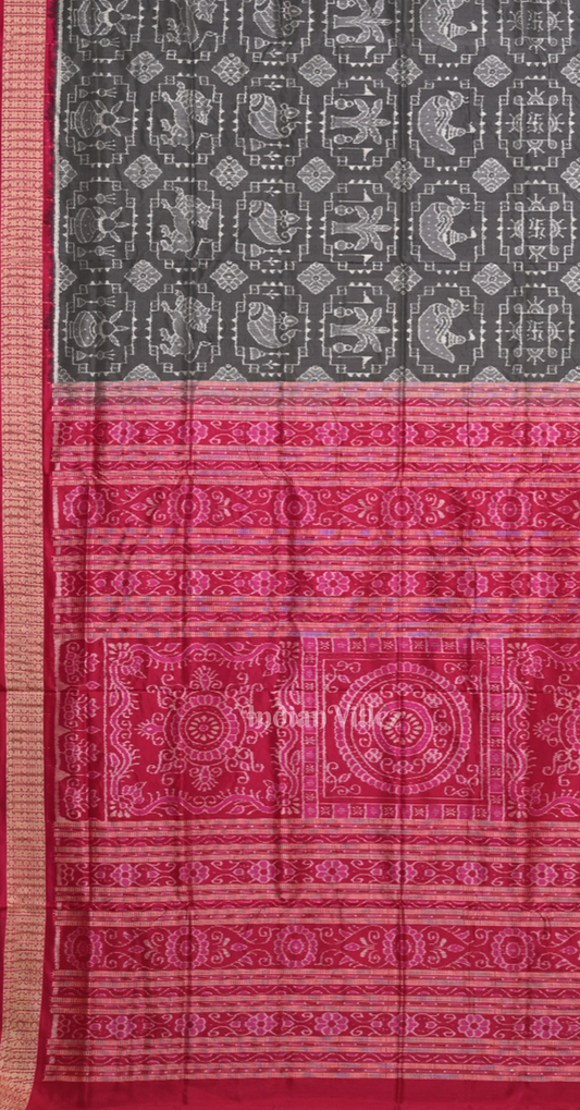 Grey Pink Telia Rumal Theme Odisha Ikat Sambalpuri Silk Saree 