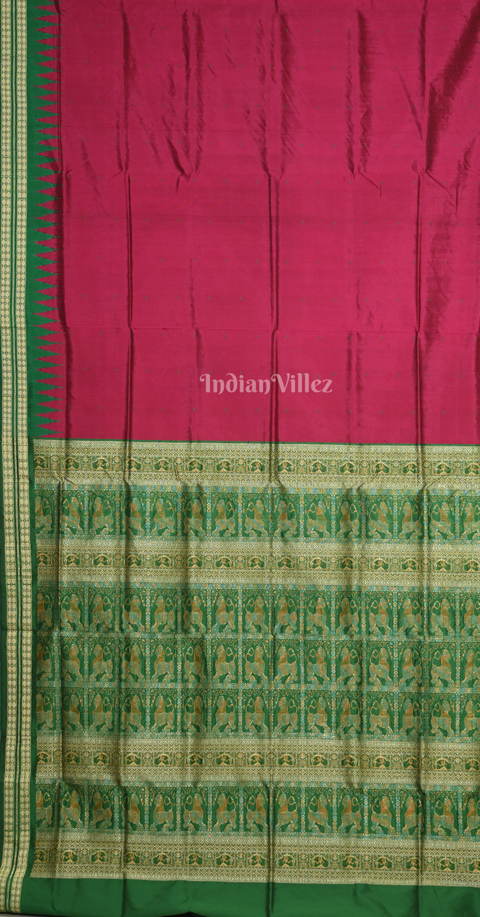 Magenta Pink Green Buti Design Odisha Ikat Bomkai Sambalpuri Silk Saree 