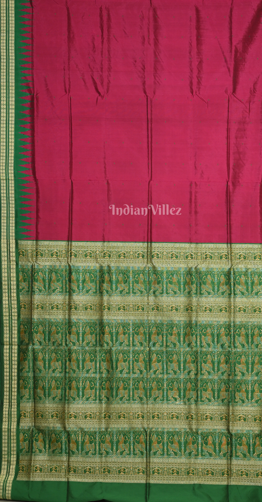 Magenta Pink Green Buti Design Odisha Ikat Bomkai Sambalpuri Silk Saree 