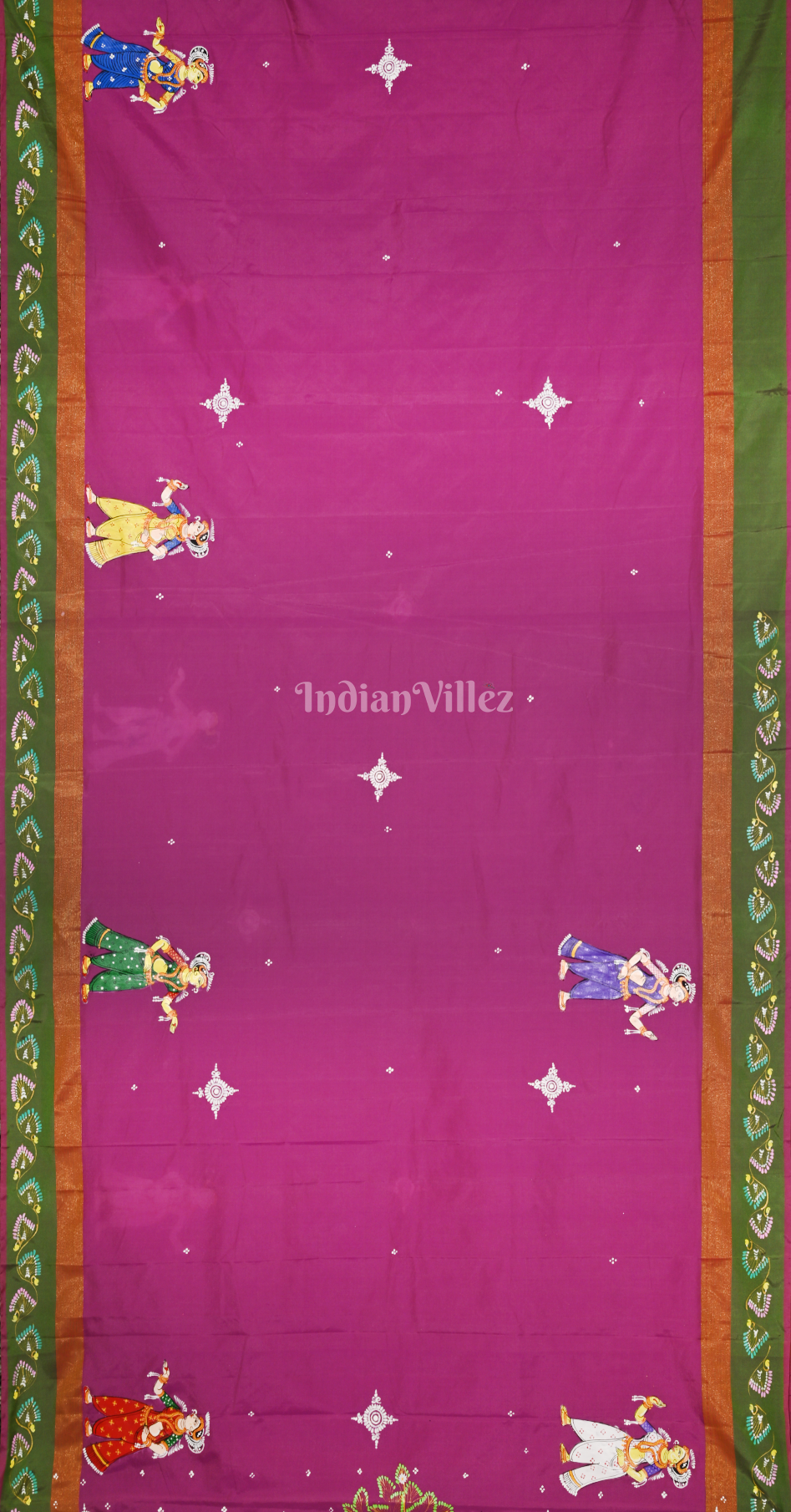 Rani Pink Moss Green Raja Doli Theme Hand-Painted Pattachitra Saree
