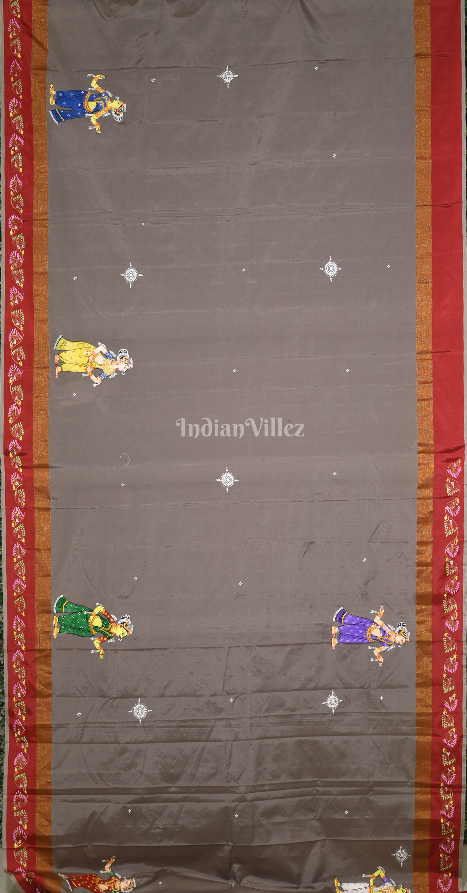 Grey Red Nartaki Theme  Hand-Painted Pattachitra Saree 