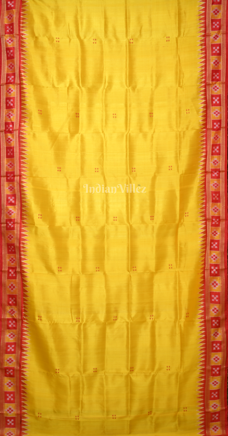 Yellow Maroon Buti Design Pasapali Border Odisha Ikat Khandua Silk Saree 