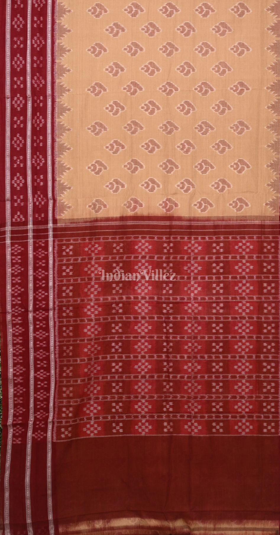 Beige Maroon  Sankha Motif Double Pasapali Border Sambalpuri Cotton Saree