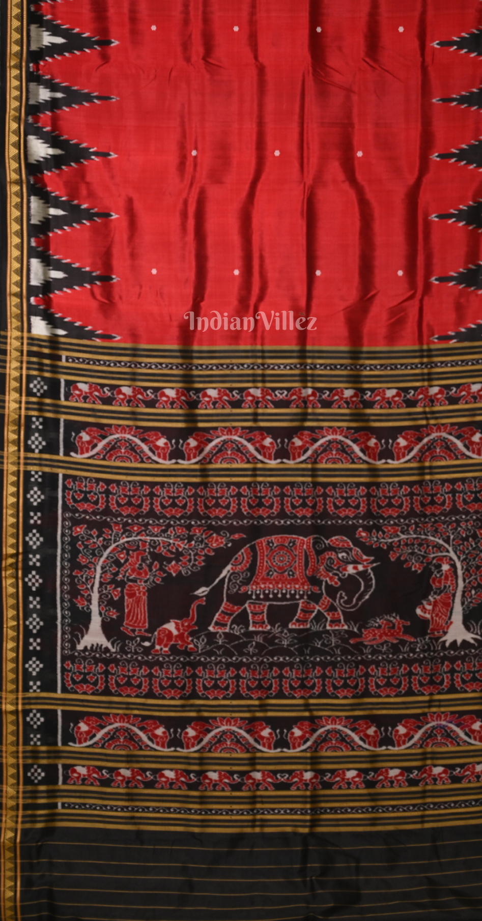 Red Black Big Kumbha Odisha Ikat Khandua Silk Saree with Elephant Anchal