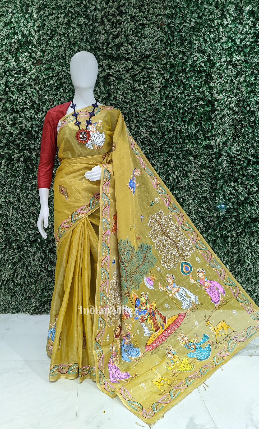 Yellow Krishna Rasa Leela Hand-Painted Pattachitra Saree