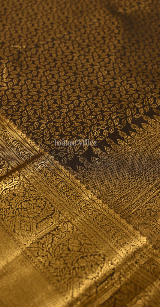 Black Golden Leaf Motif Pure Brocade Kanjivaram Silk Saree 