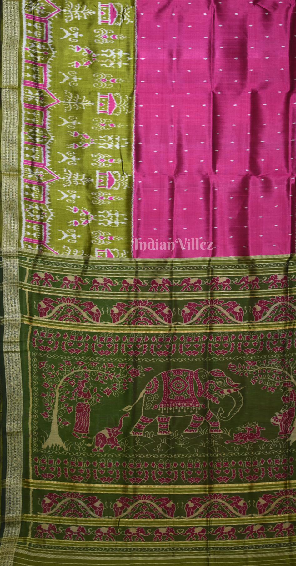 Magenta Pink Green Tribal Theme Odisha Ikat Sambalpuri Silk Saree with Elephant Anchal