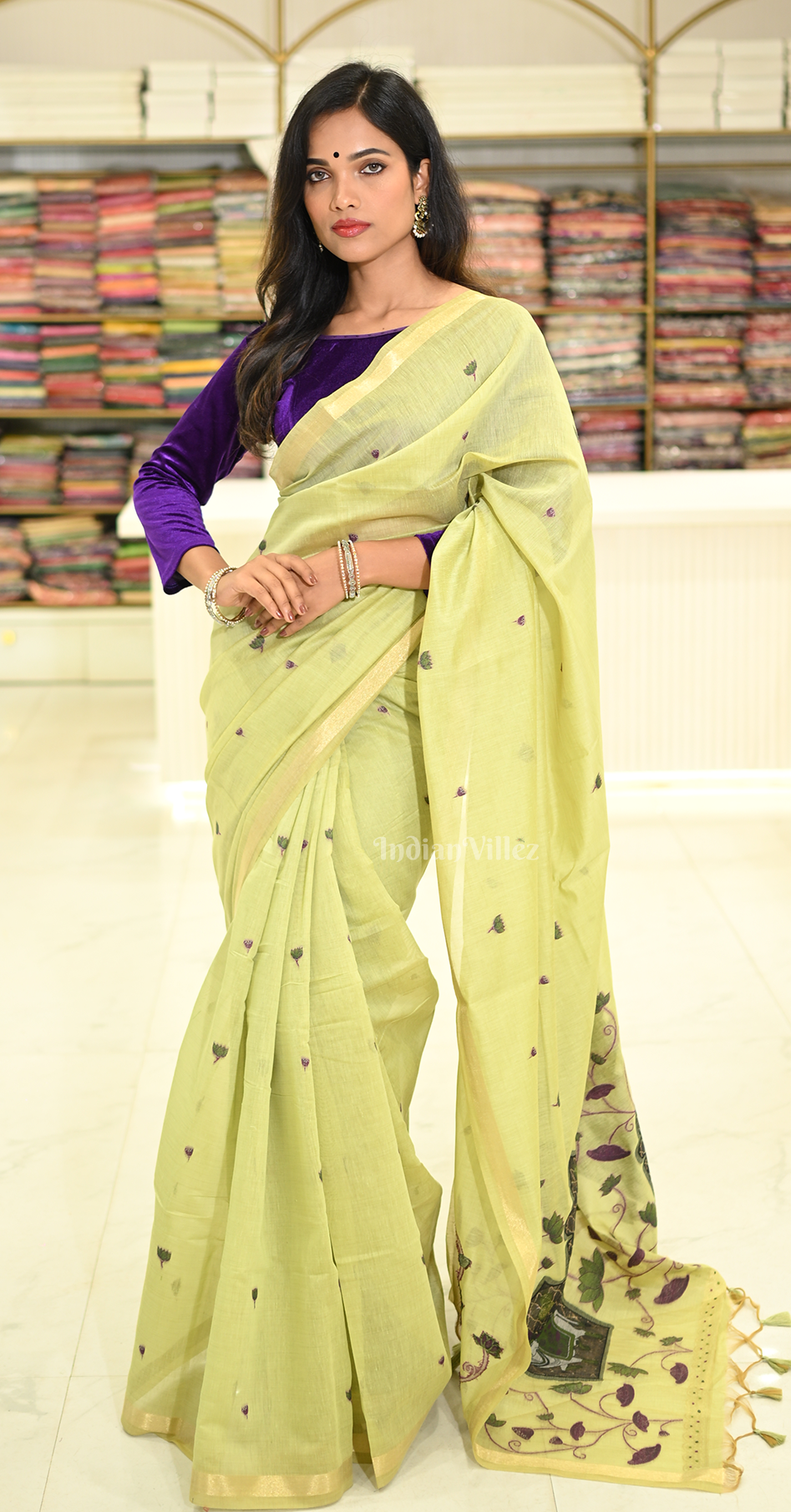 Lemon Green Linen Cotton Pichwai Saree with Zari Border