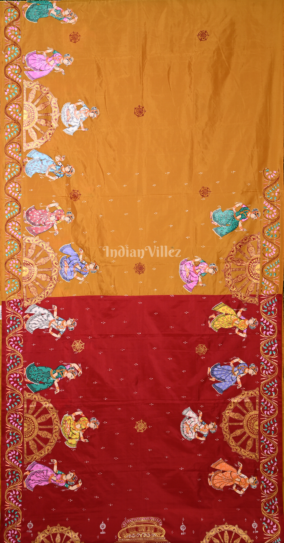 Red Mustard Yellow Nartaki Konark Temple Hand-Painted Pattachitra Saree