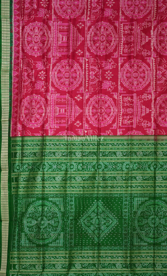 Red Green Konark Temple & Wheel Theme Odisha Ikat Sambalpuri Silk Saree 