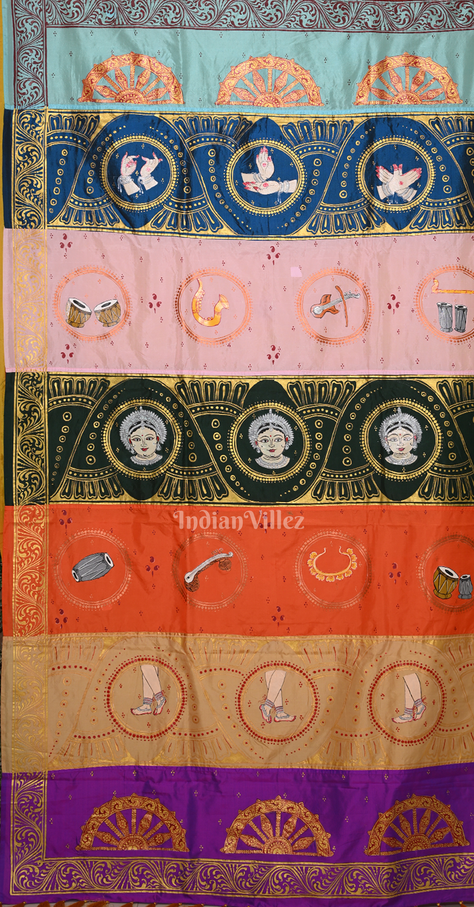 Mustard Yellow Musical Instruments & Dancer Theme Hand-painted Pattachitra Saree 