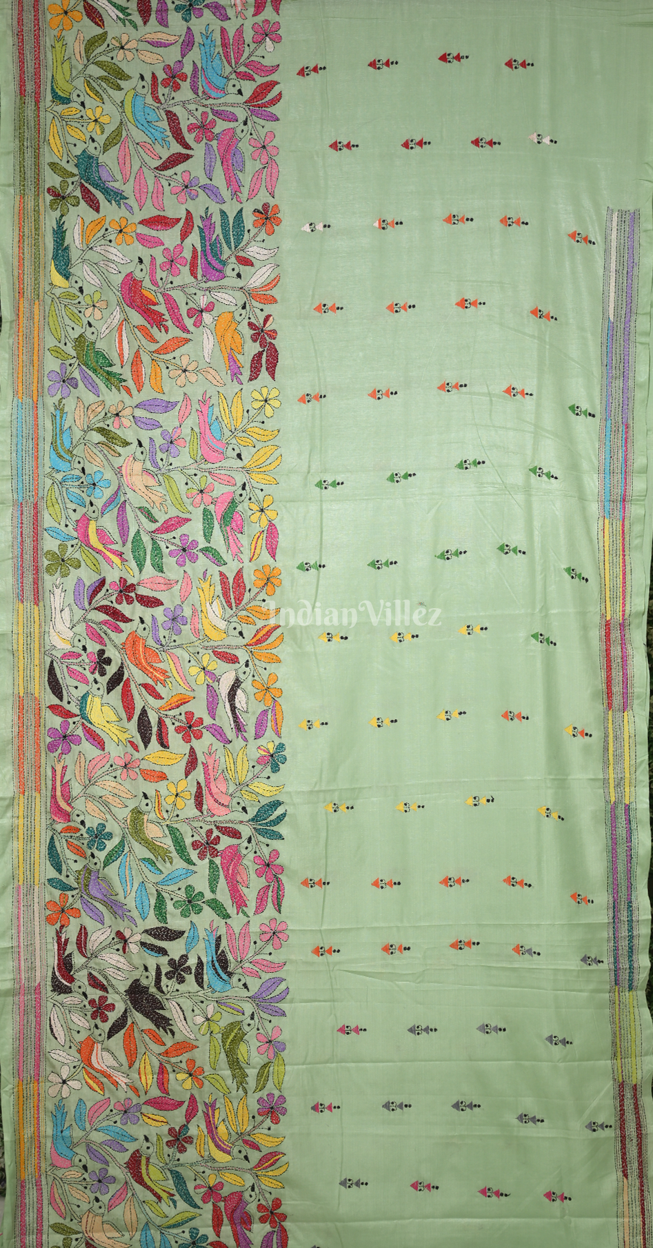 Pista Green Flower Bird Motif Kantha Stitch Silk Saree