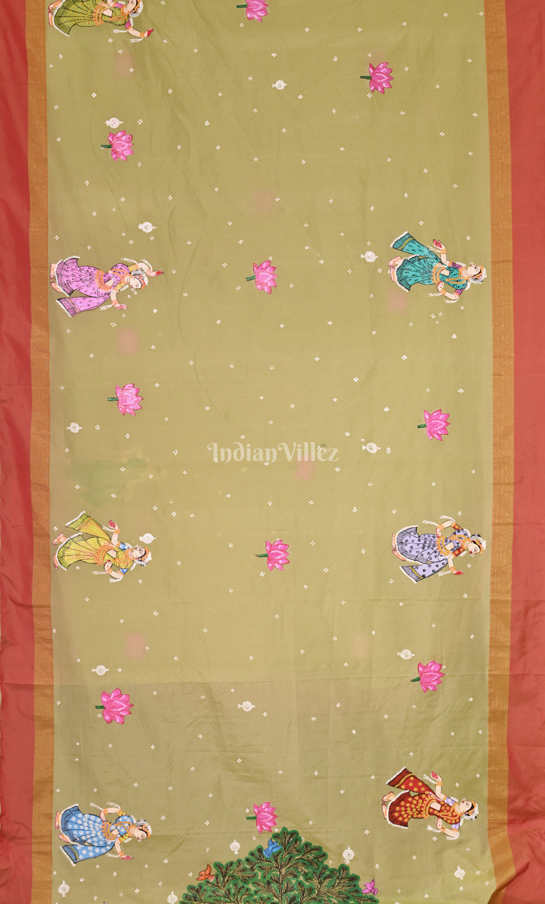 Ghee Red Raasleela Hand-Painted Pattachitra Saree