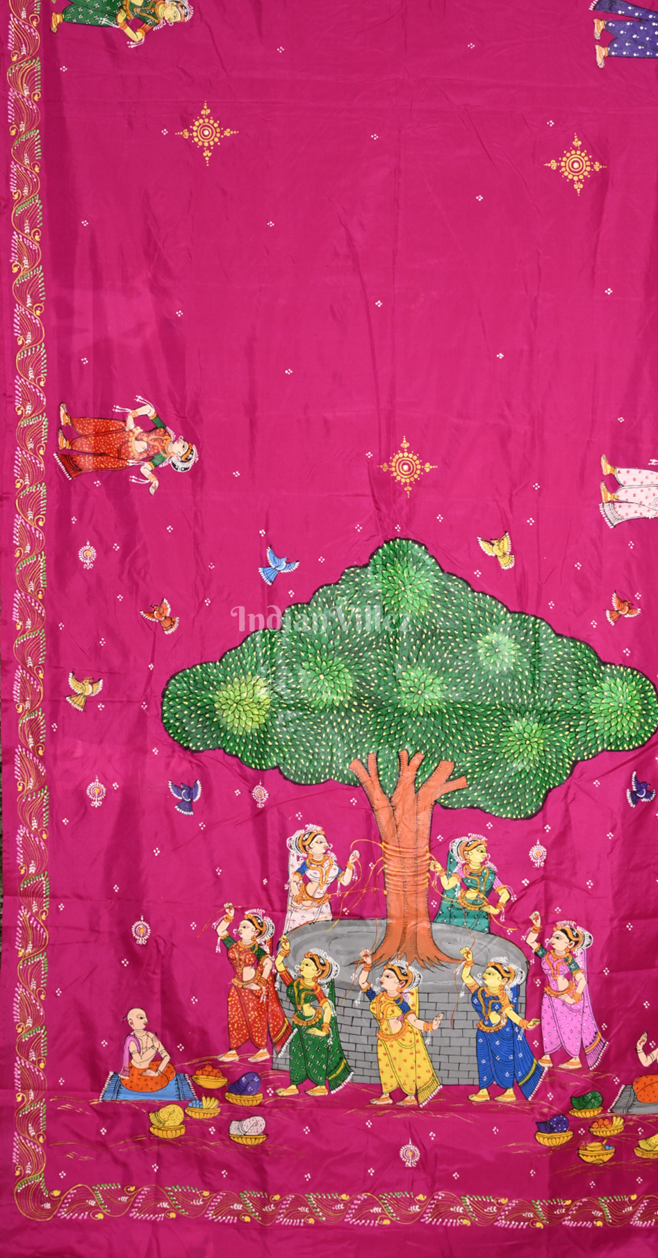 Rani Pink Vat Sabitri Theme Hand-Painted Pattachitra Saree