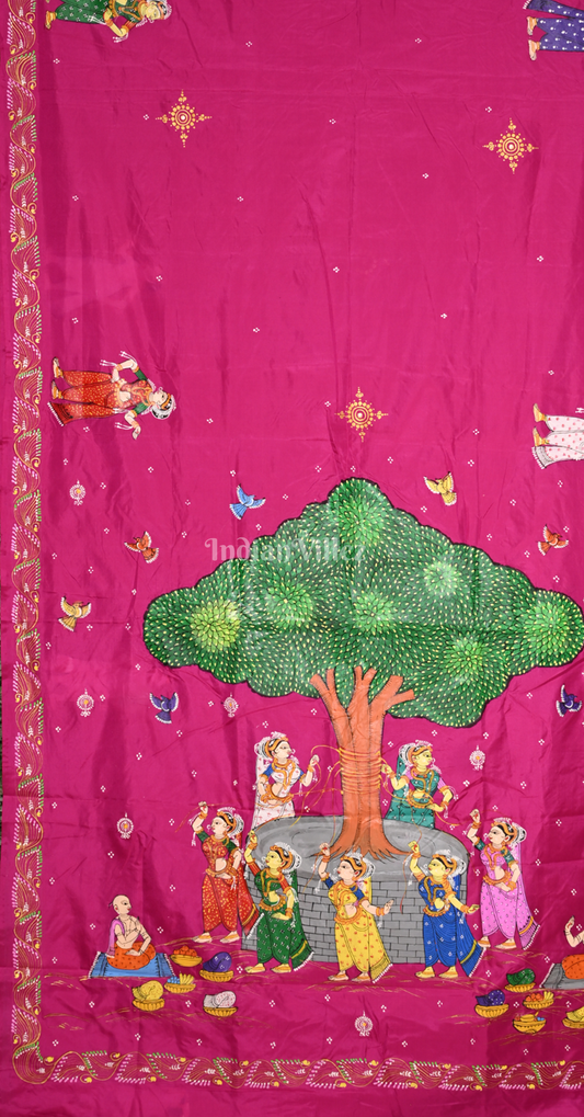 Rani Pink Vat Sabitri Theme Hand-Painted Pattachitra Saree