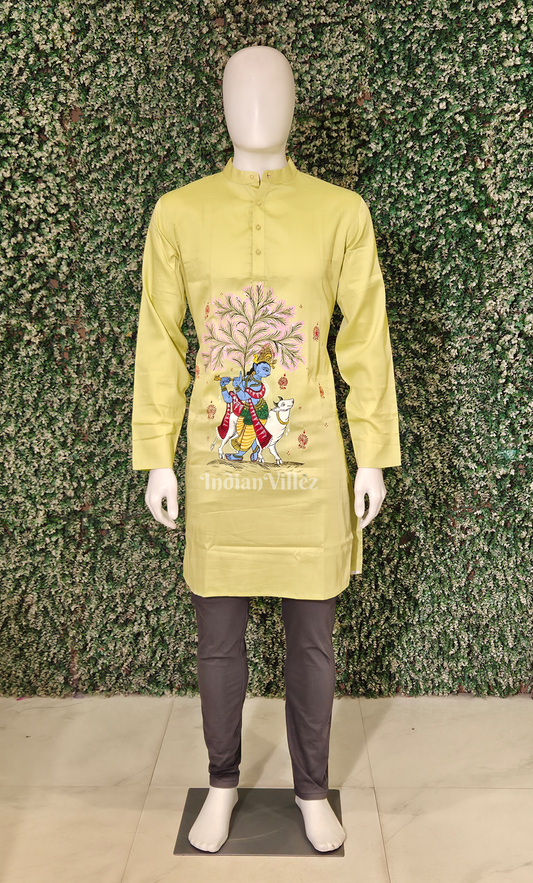 Light Green  Krishna Murali Theme Hand-Painted Pattachitra Kurta