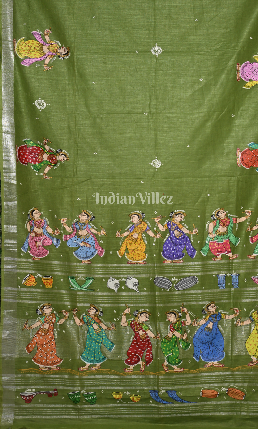 Mehendi Green Nartaki Theme Hand-Painted Pattachitra Saree