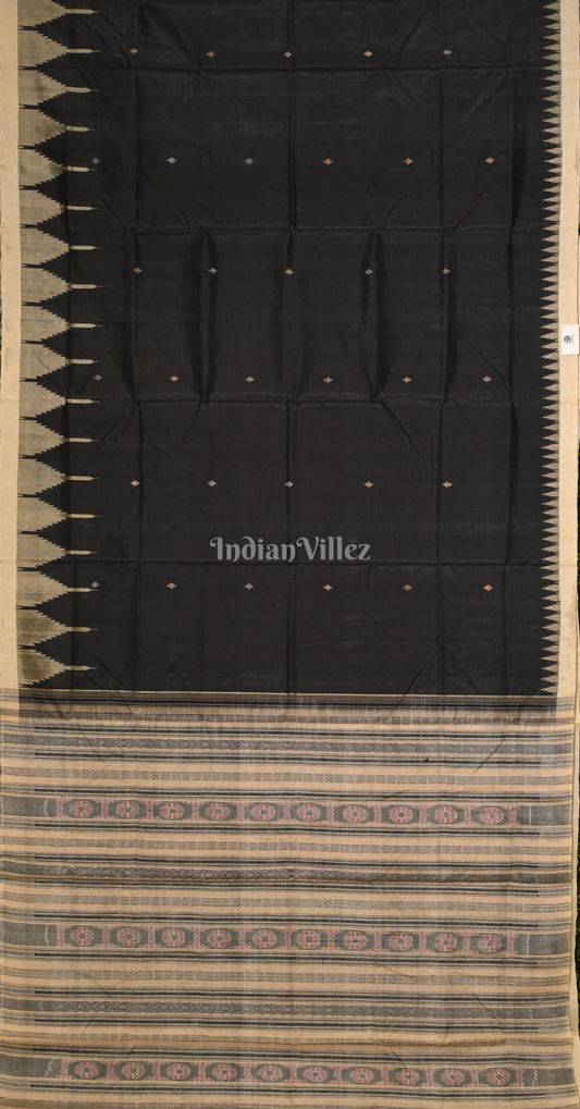 Black Beige Sambalpuri Phoda Kumbha Tussar Silk Saree with Sarabandha Anchal 