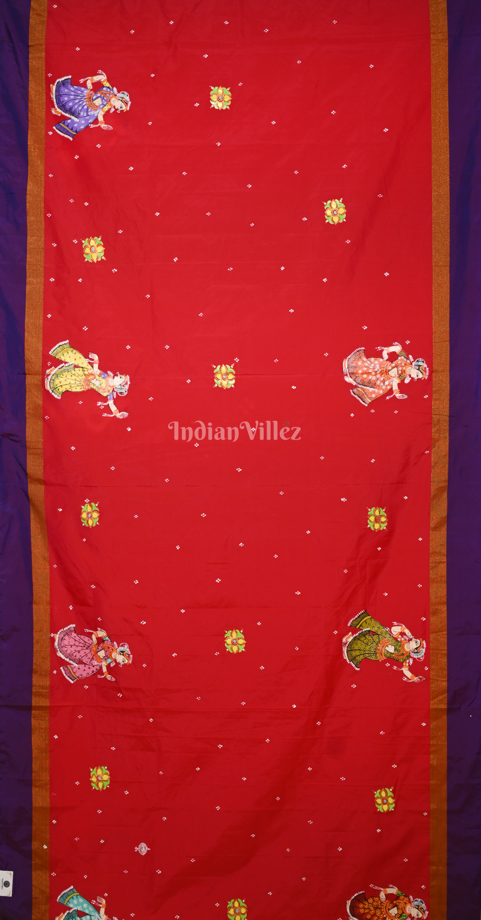 Red Purple Krishna Raas Leela Hand-Painted Pattachitra Saree