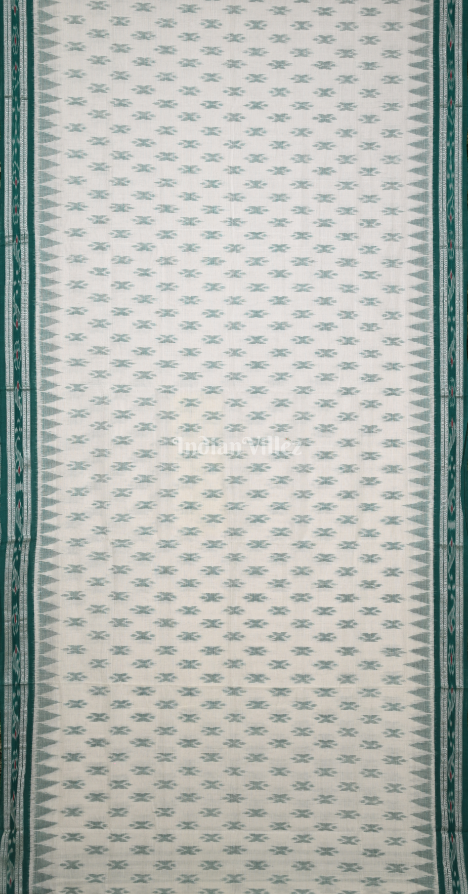 White Green Damru Odisha Ikat Maniabandha Cotton Saree