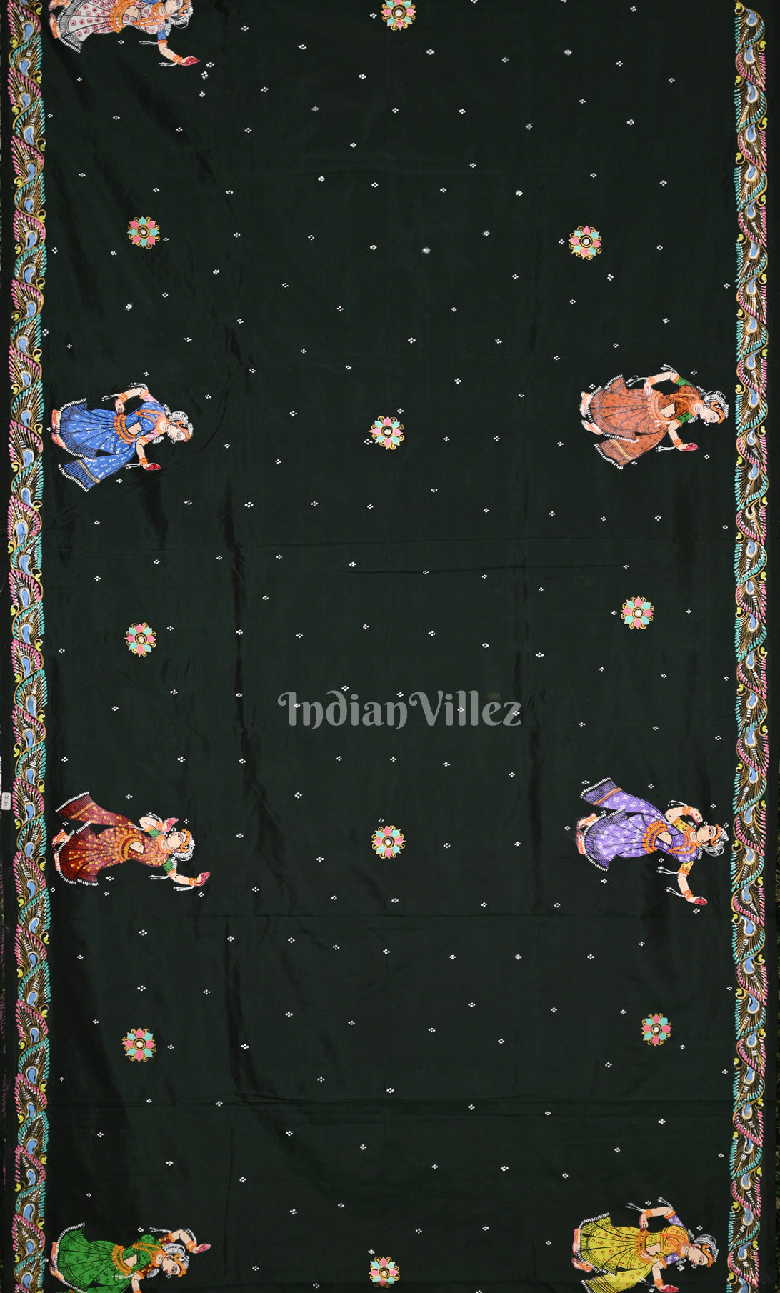 Bottle Green Krishna Raas Hand-Painted Pattachitra Saree 