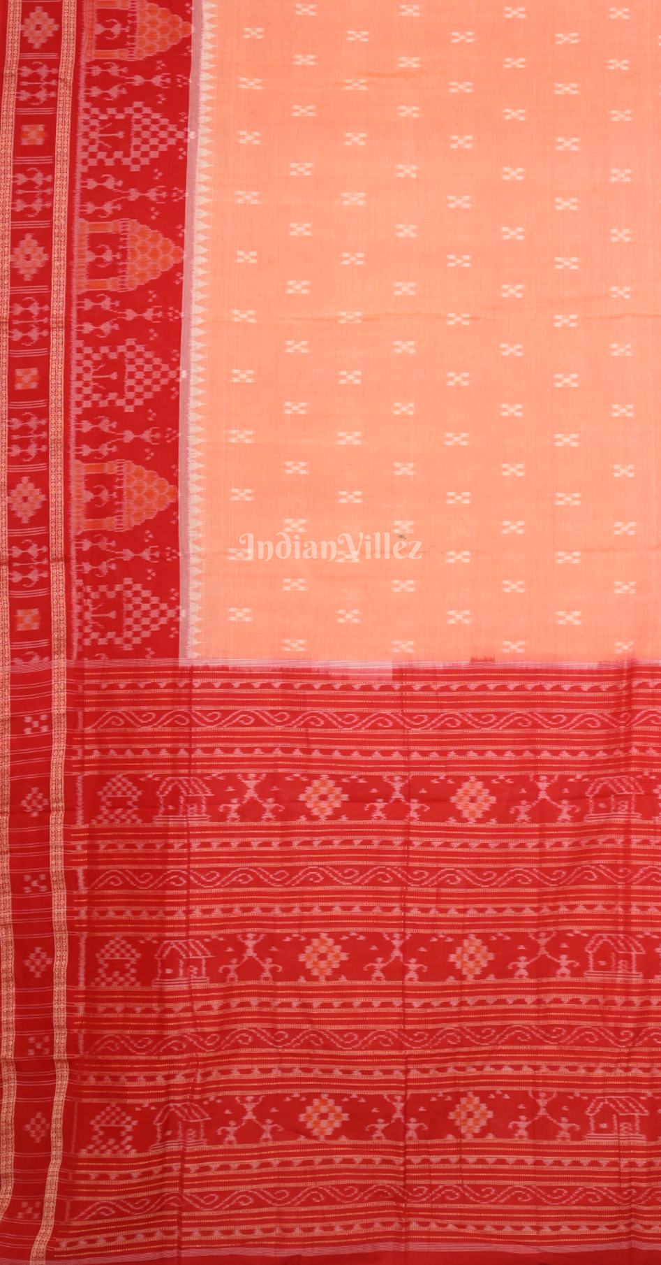 Peach Red Tribal Border Odisha Ikat Sambalpuri Pure Cotton Saree