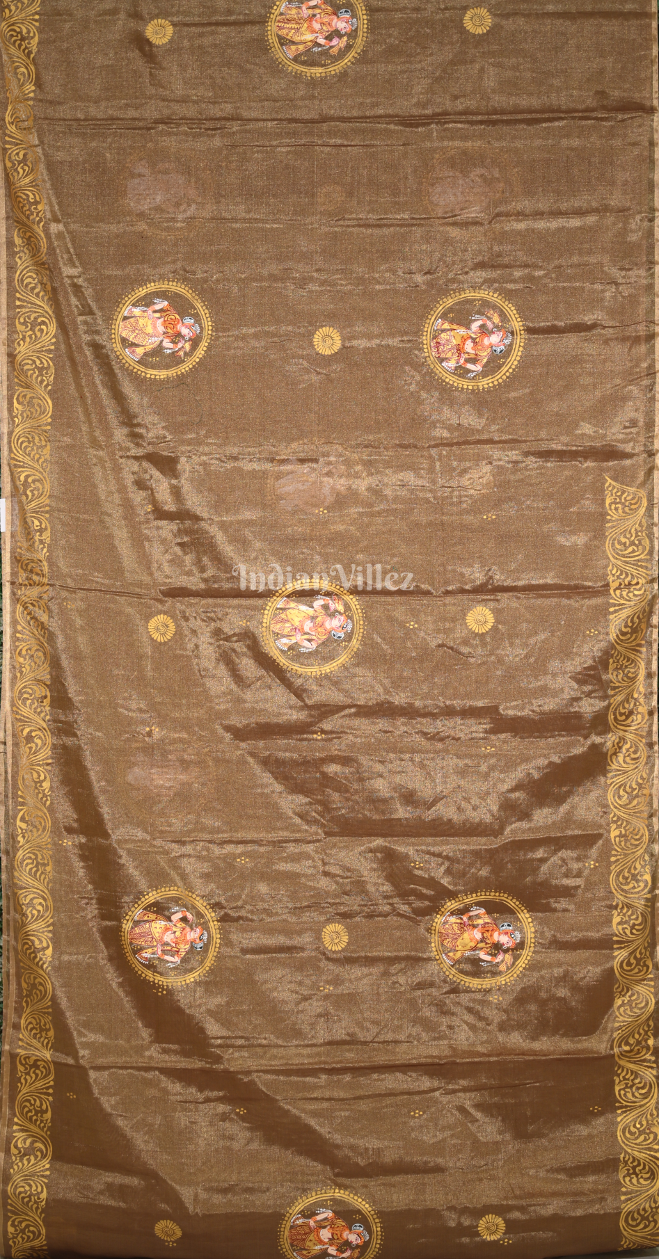 Brown Golden Shringar Raas Hand- Painted Pattachitra Saree (Tissue) 